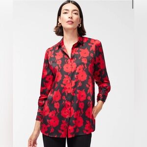 Chico's Red Floral Button Down Shirt Zipper Cuff Women holiday christmas